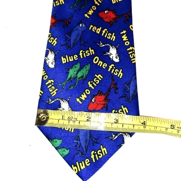 Dr. Seuss neck tie blue background red green white blue fish - Picture 2 of 5